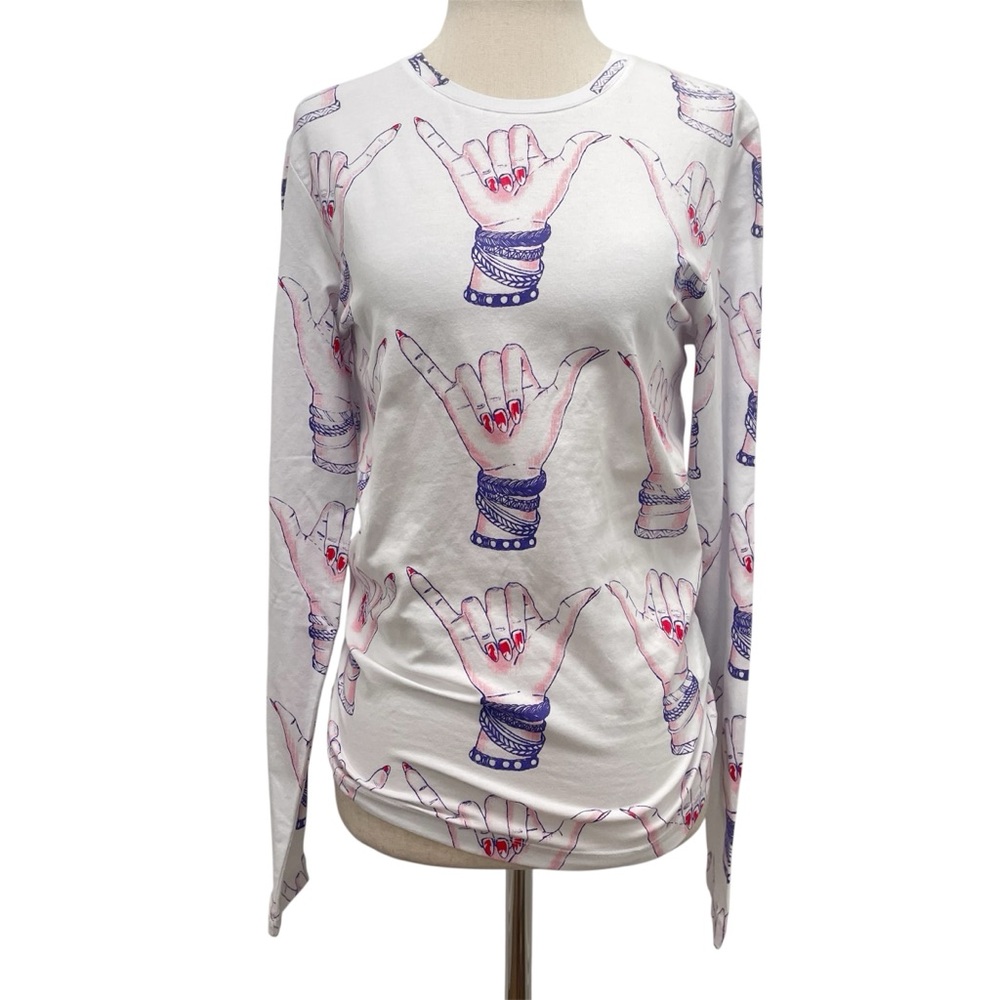 Jonathan Cohen Printed Long Sleeve White Top Size Medium